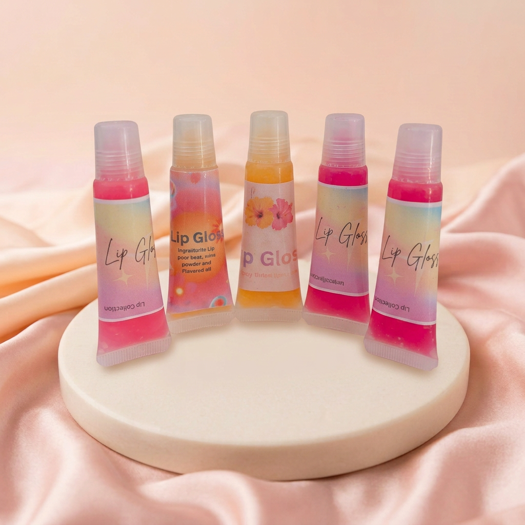 Nourishing Organic Lip Gloss with five upright tubes