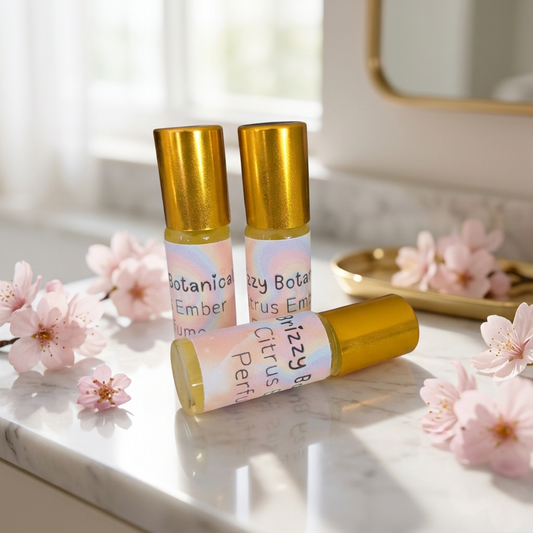 Perfume rollers with a soft blush floral and marble background