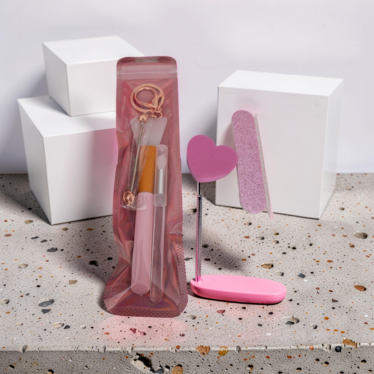 Beauty Essentials Kit in pink with tools and sponge