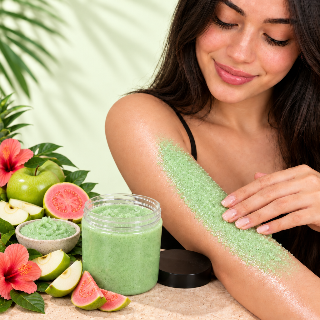 Apple Guava Crush application photo with a very pale lime background