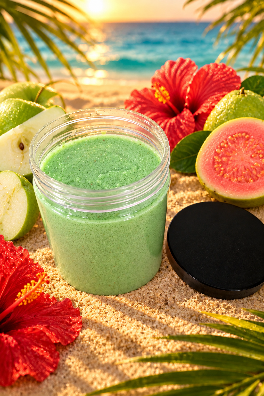 Apple Guava Crush body scrub in a tropical beach setting