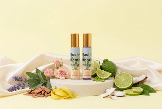 Blush & Breathe with ingredients and ivory satin