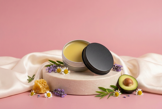 Bug Bite Salve with ingredients and rose-pink background
