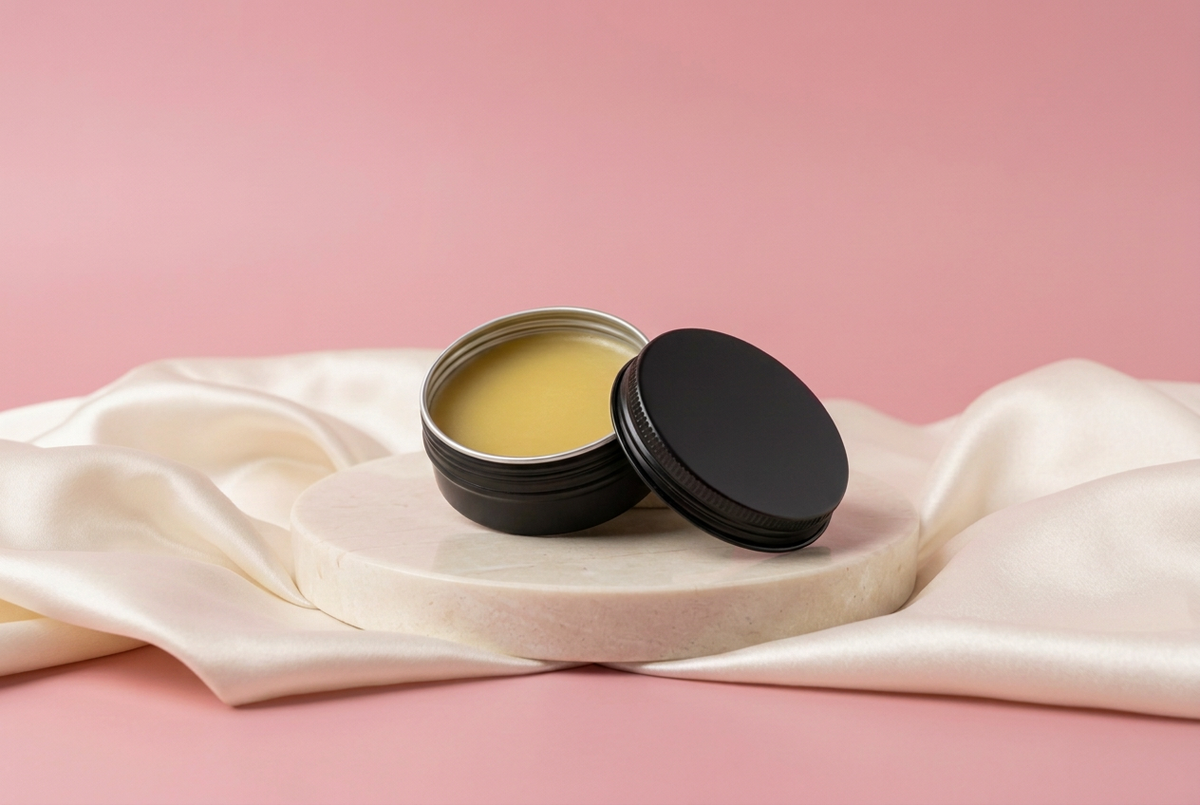 Bug Bite Salve without ingredients and rose-pink background