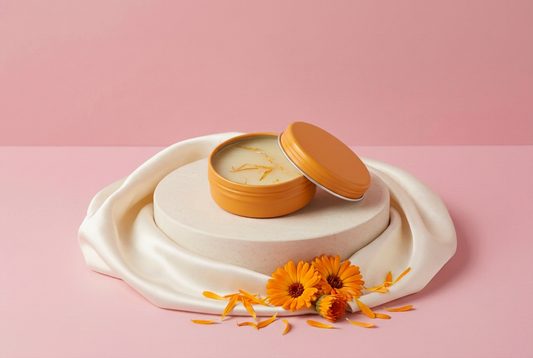Calendula Salve with ingredients and rose-pink background