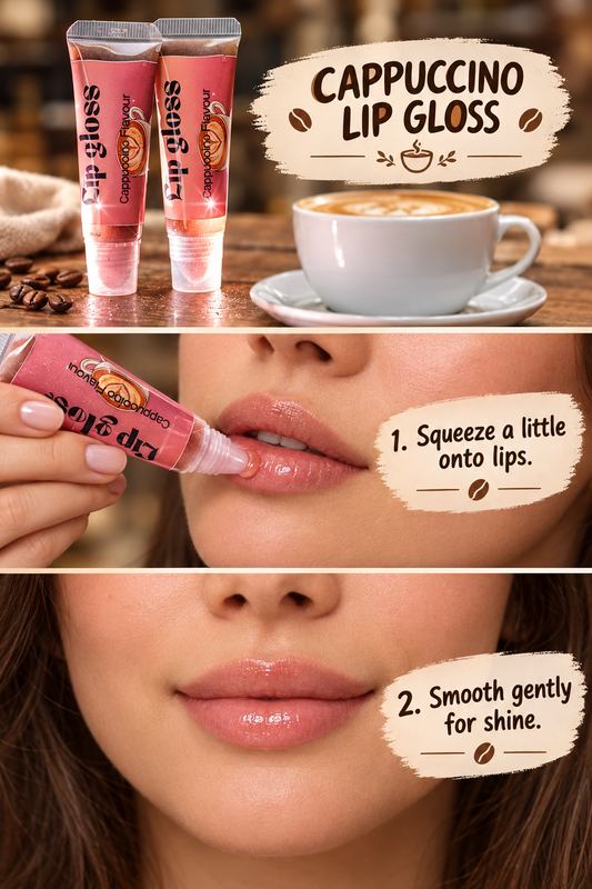 Cappuccino squeeze-tube lip gloss graphic