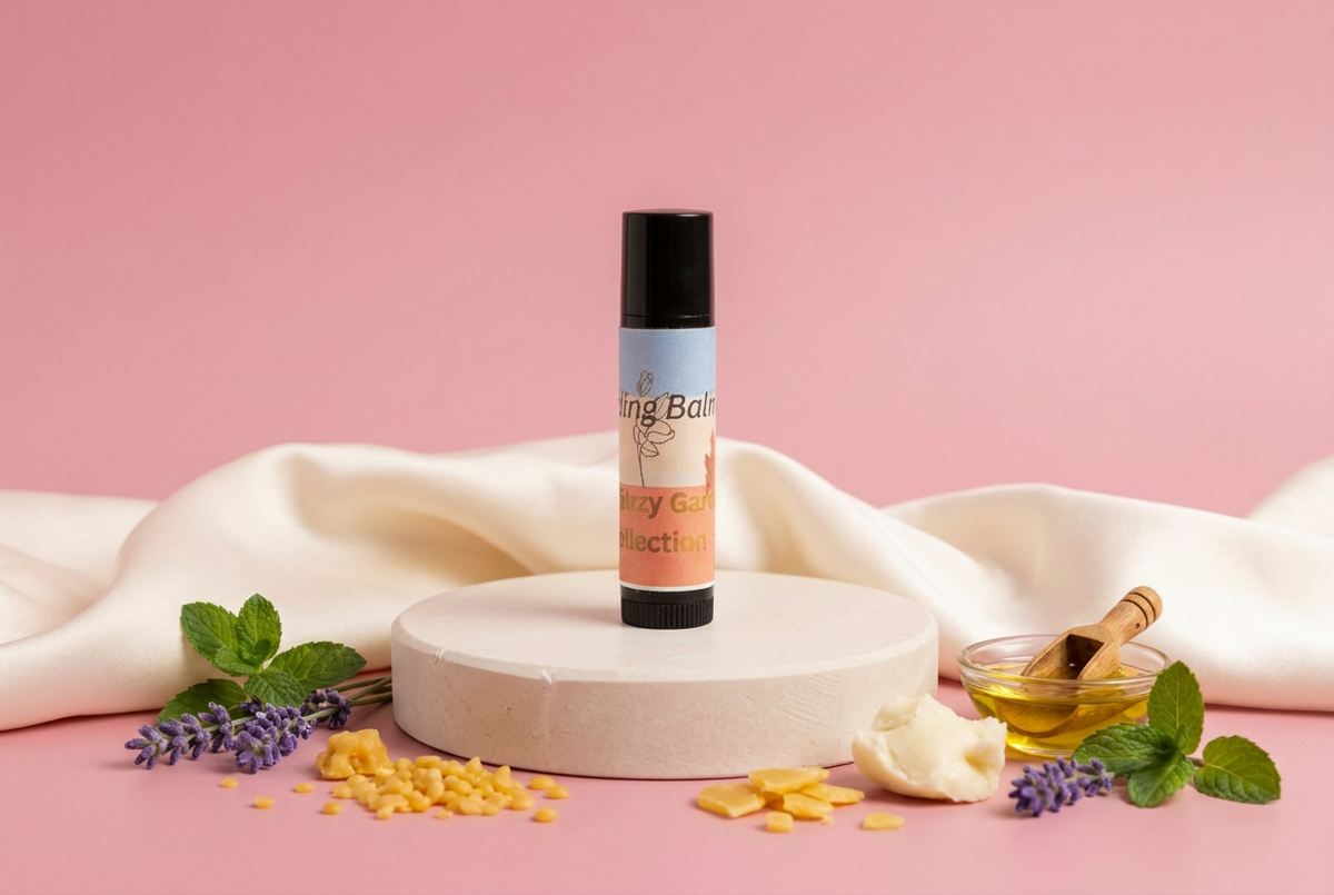 Healing Balm with ingredients and rose-pink background