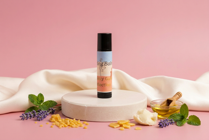 Healing Balm with ingredients and rose-pink background