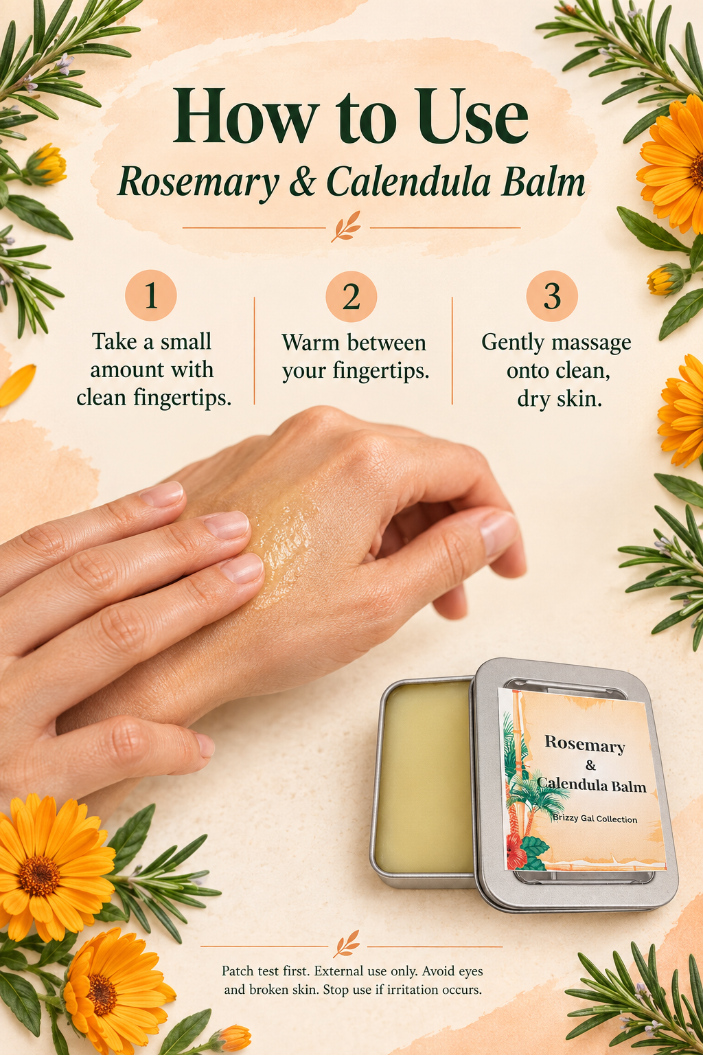 How to use Rosemary and Calendula Balm, showing application to the back of a hand