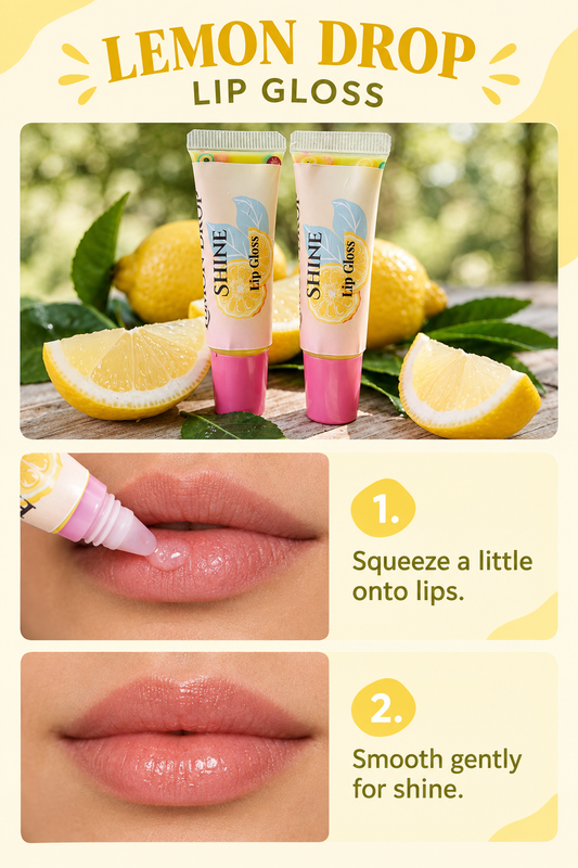 Lemon Drop squeeze-tube lip gloss application graphic