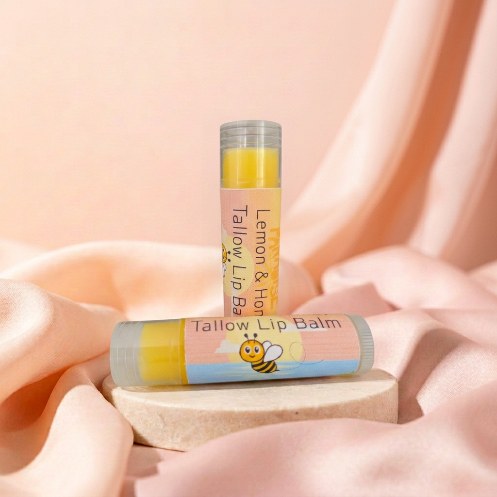 Lip balm tubes with peach-and-blush satin background