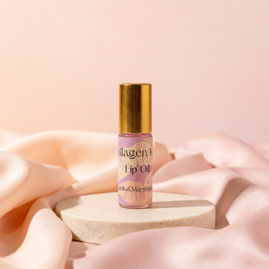 Marshmallow & Vanilla lip oil with a matching peach-and-blush background