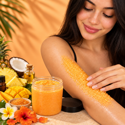 Model applying orange pineapple body scrub with the jar and tropical ingredients nearby