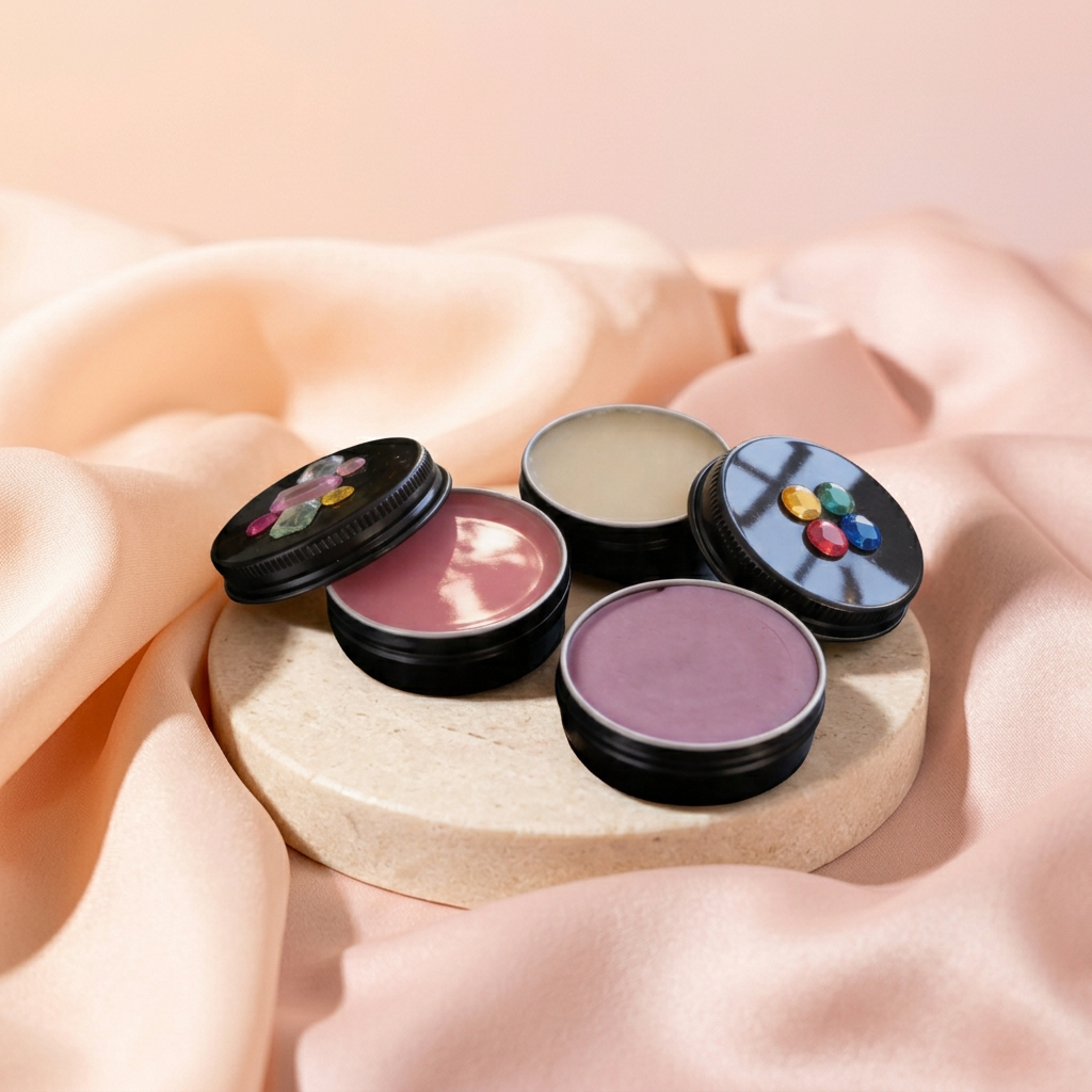 Organic Lip Balm tins with peach-and-blush satin