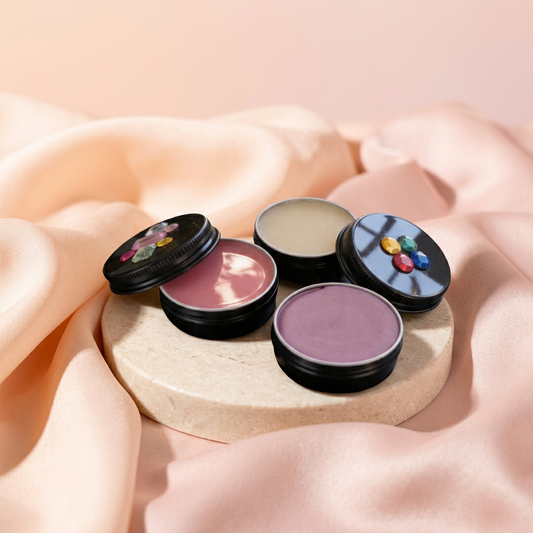 Organic Lip Balm tins with peach-and-blush satin