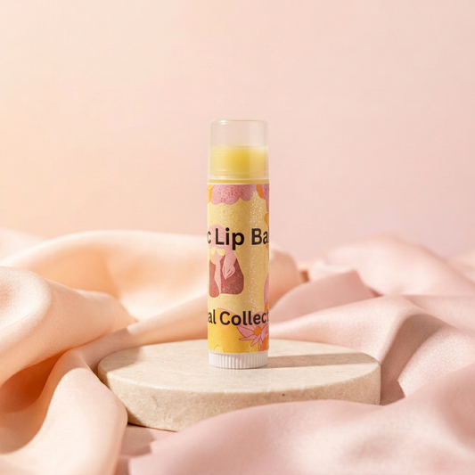 Organic Lip Balm tube with peach-and-blush satin