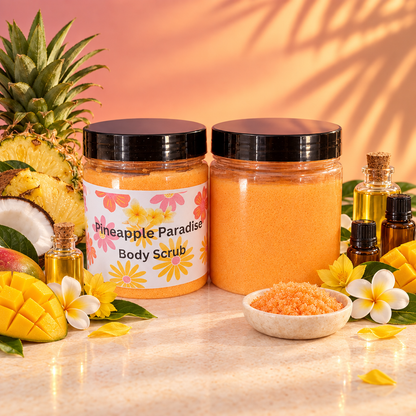 Pineapple Paradise Body Scrub jars styled like the Raspberry Sunset photo