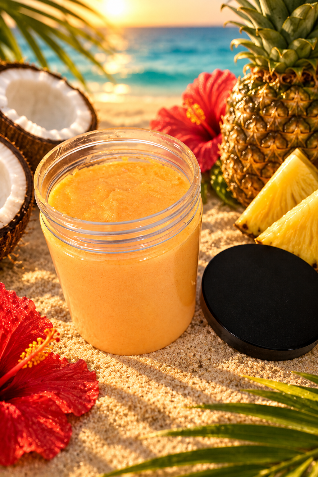 Pineapple tropical body scrub in a beach setting