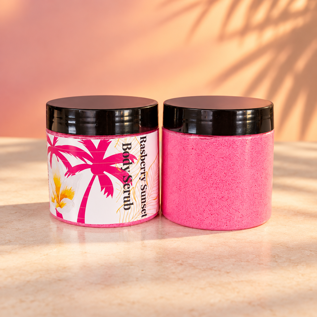 Raspberry Sunset Body Scrub jars on a sunset-inspired background