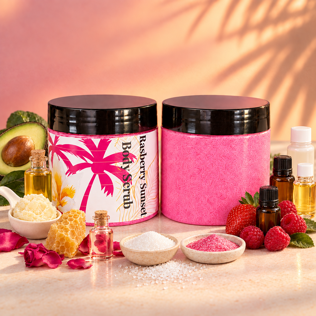 Raspberry Sunset scrub ingredient scene with sugar