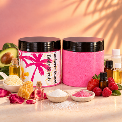 Raspberry Sunset scrub ingredient scene with sugar