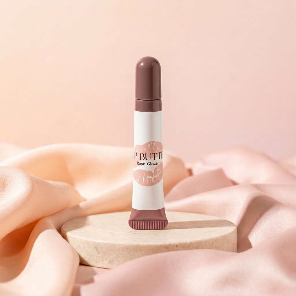 Rose Glaze Lip Butter with matching peach-and-blush satin