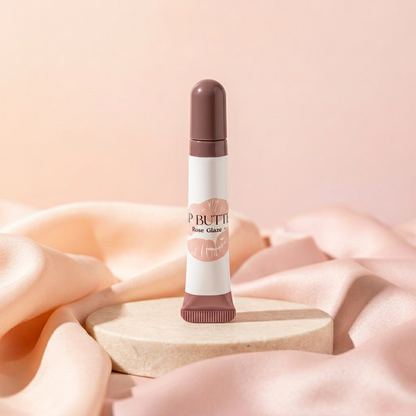Rose Glaze Lip Butter with matching peach-and-blush satin