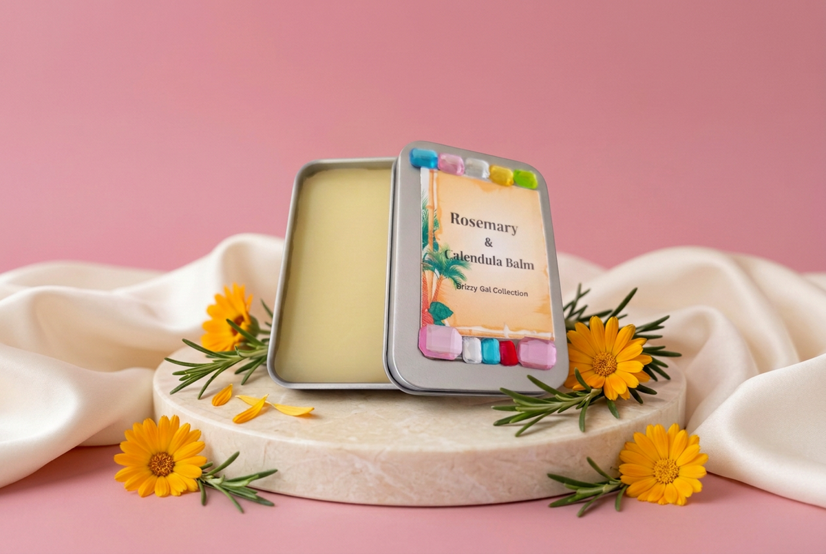 Rosemary and Calendula Balm with ingredients and rose-pink background
