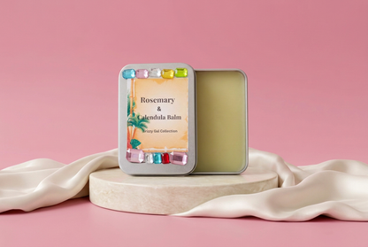 Rosemary and Calendula Balm without ingredients and rose-pink background