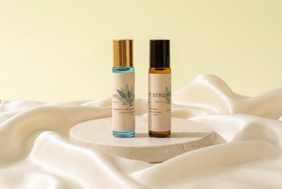 Stress Relief rollers on ivory stone with draped ivory satin and a pale-yellow background
