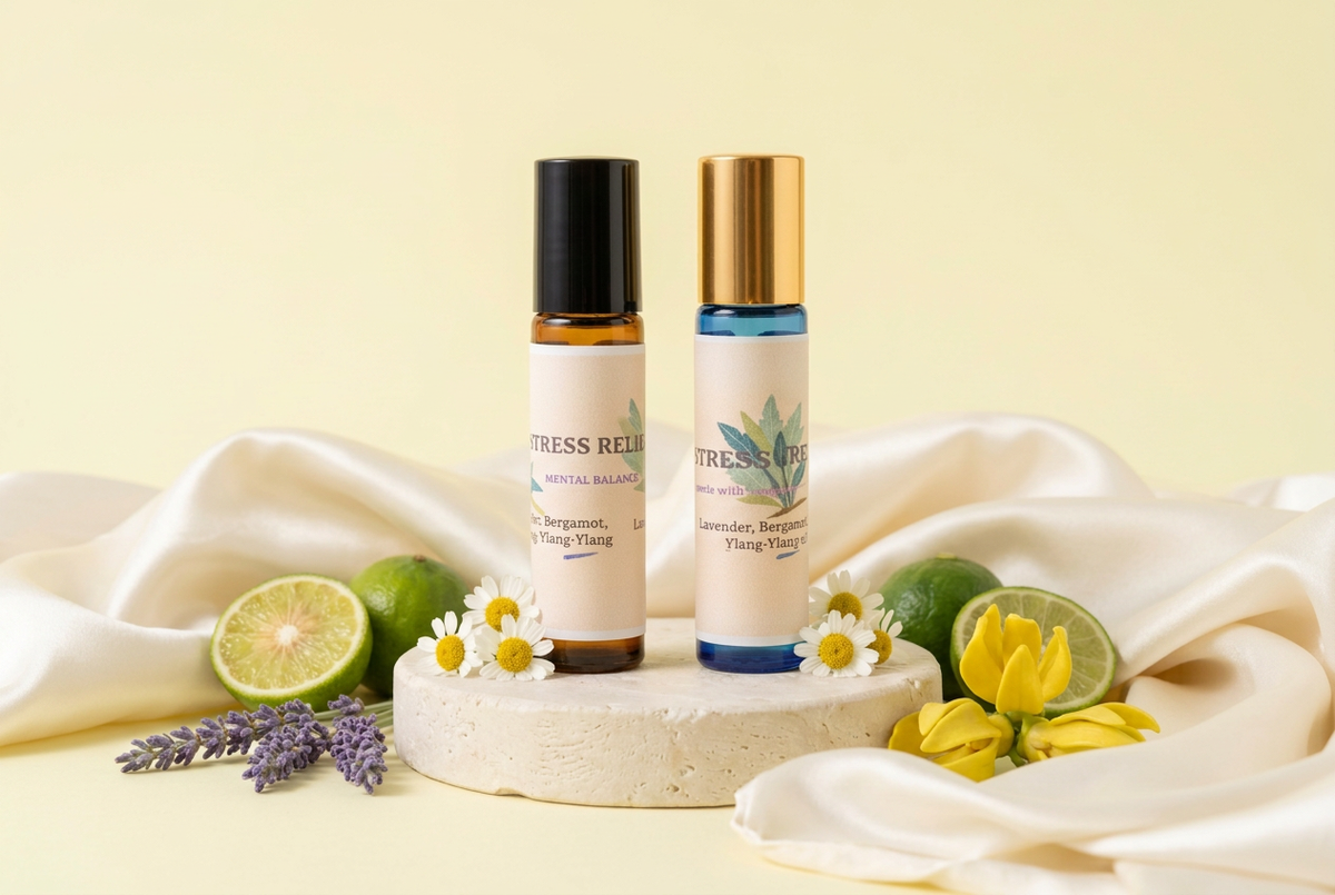Stress Relief with ingredients and ivory satin