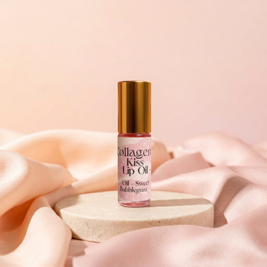 Sweet Bubblegum lip oil with a matching peach-and-blush background
