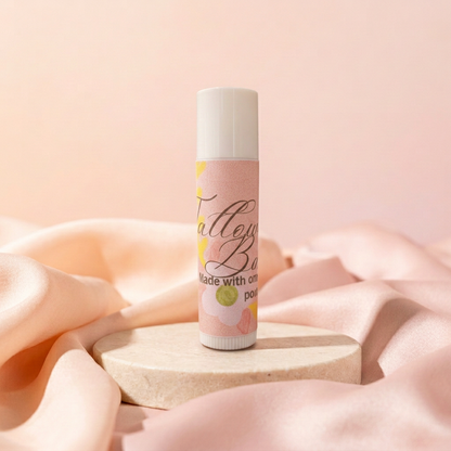 Tallow Lip Balm with peach-and-blush satin