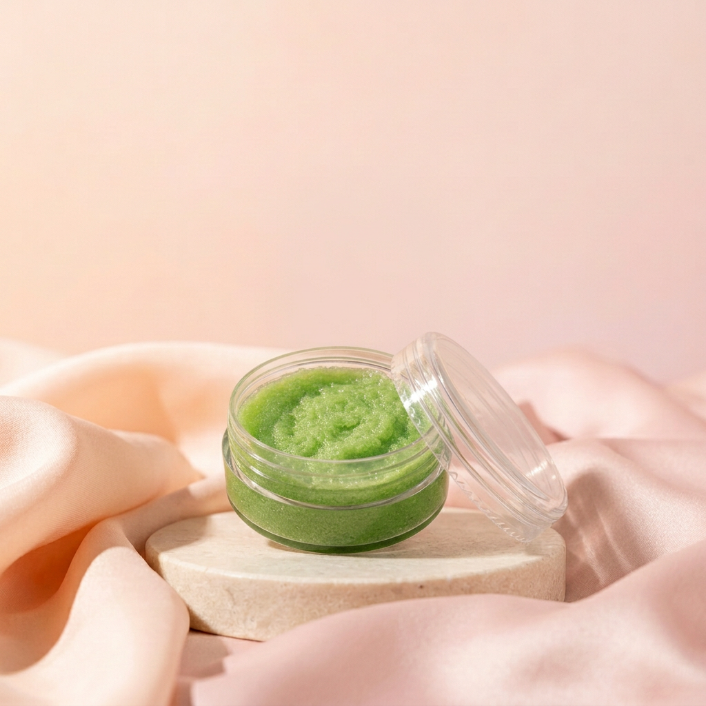 Tropical Guava Lip Scrub with matching peach-and-blush satin