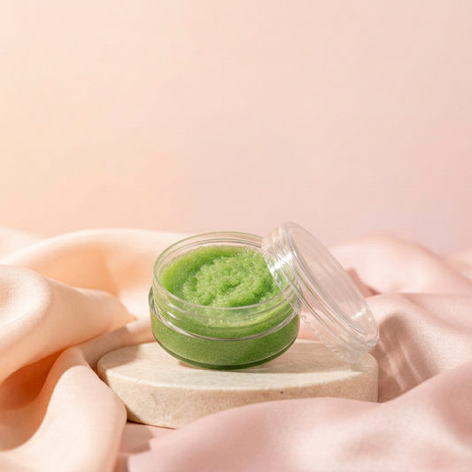 Tropical Guava Lip Scrub with matching peach-and-blush satin