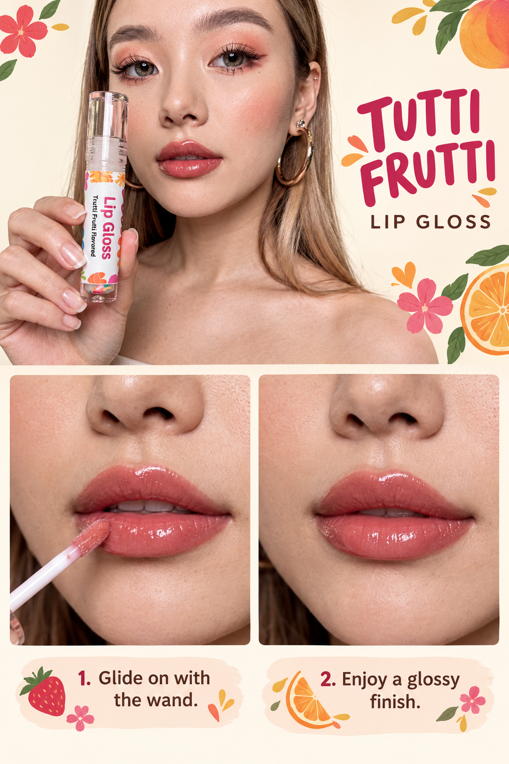 Tutti Frutti lip gloss application graphic