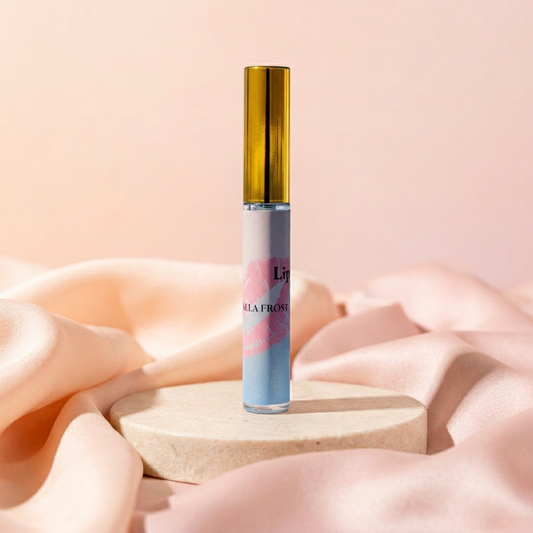 Vanilla Shimmer Frost Lip Oil 10ml with peach-and-blush satin