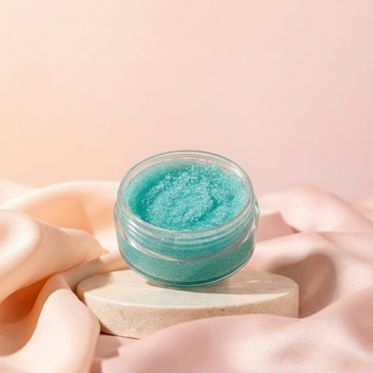 Warm Vanilla Lip Scrub with matching peach-and-blush satin