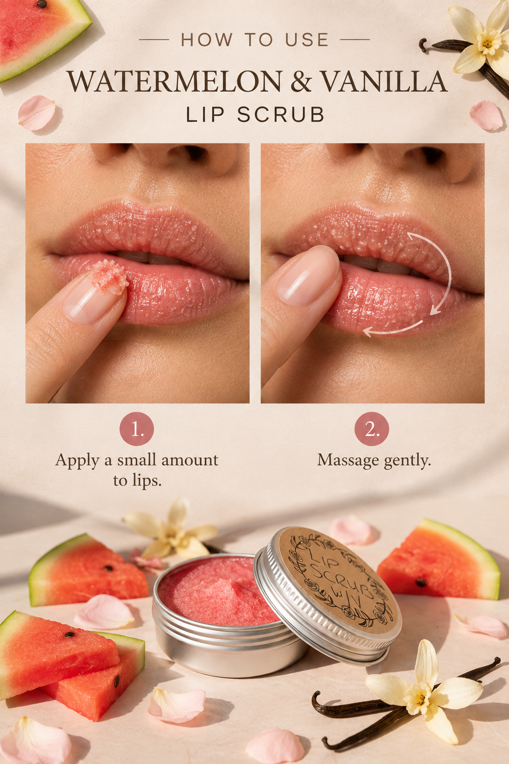 Watermelon and Vanilla Lip Scrub how-to graphic