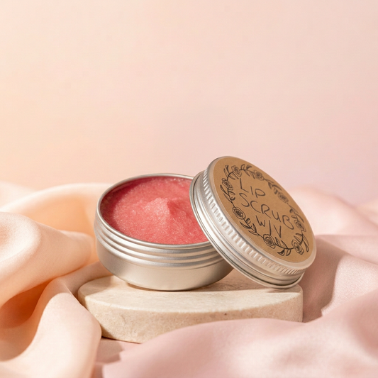 Watermelon & Vanilla Lip Scrub in the peach-and-blush setting