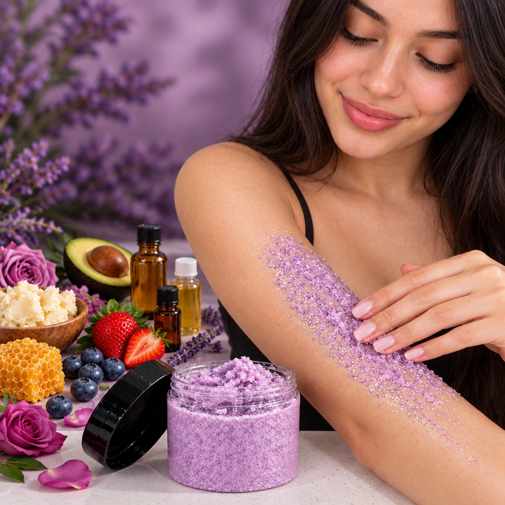 Woman applying purple scrub with the purple jar nearby