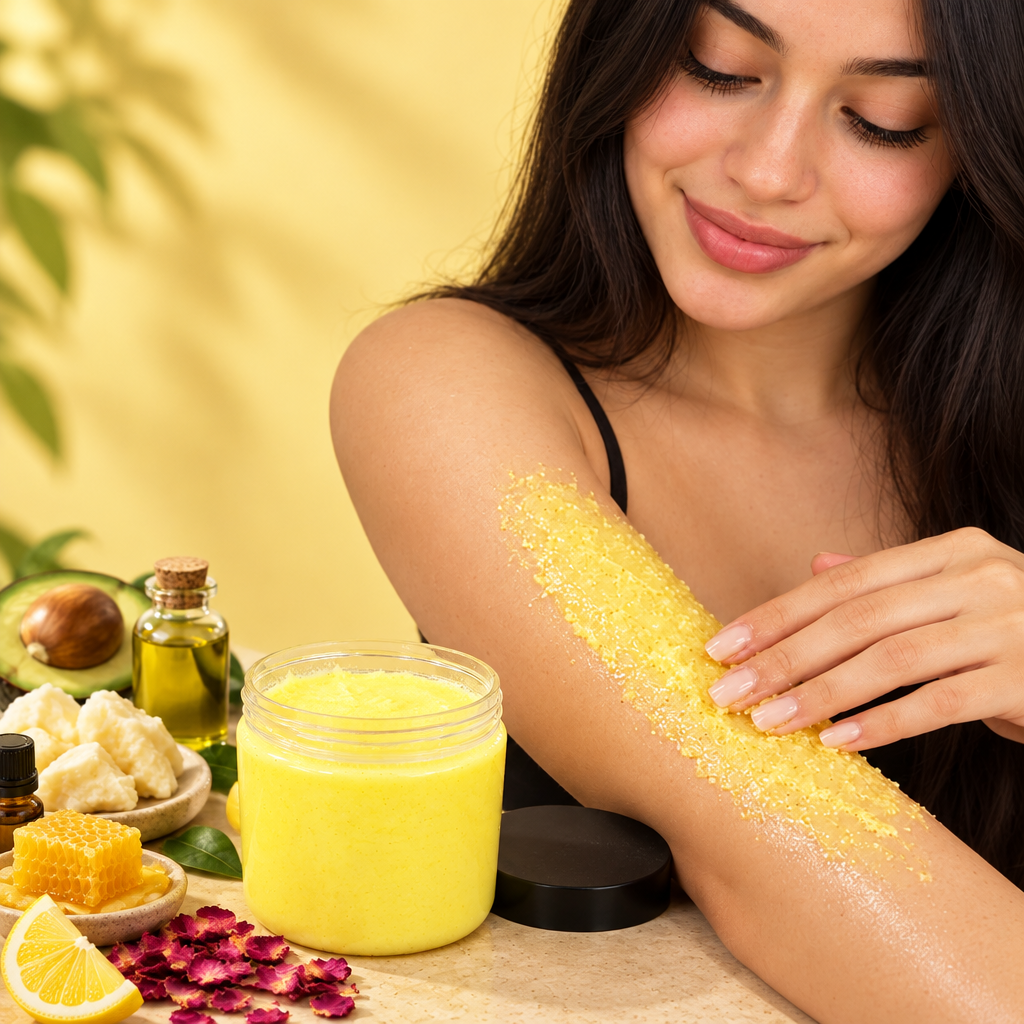 Woman applying yellow scrub with the lemon jar nearby