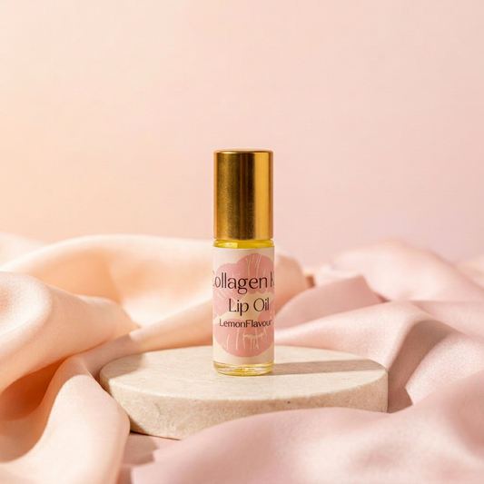 Zesty Lemon lip oil with a matching peach-and-blush background